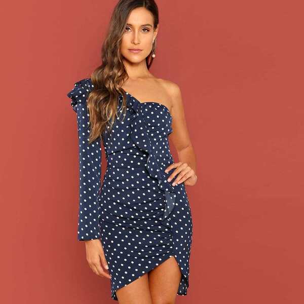 

One Shoulder Ruffle Asymmetrical Polka Dot Dress