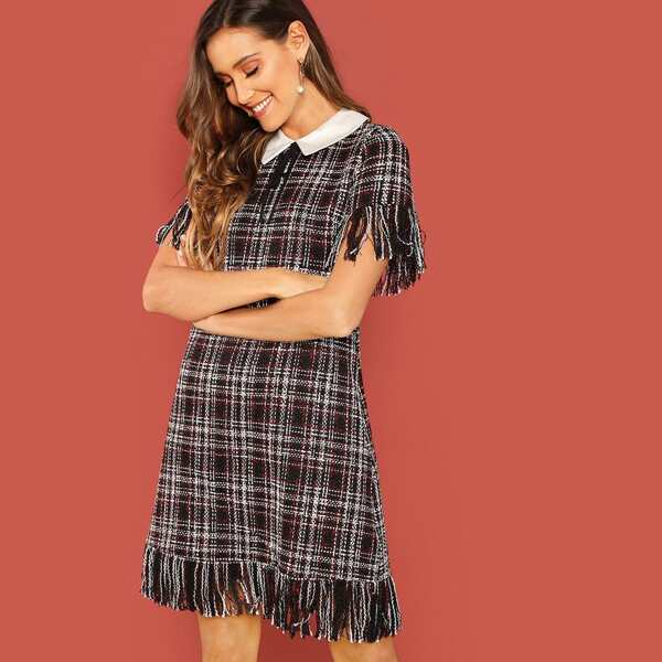 

Tie Neck Fringe Plaid Dress