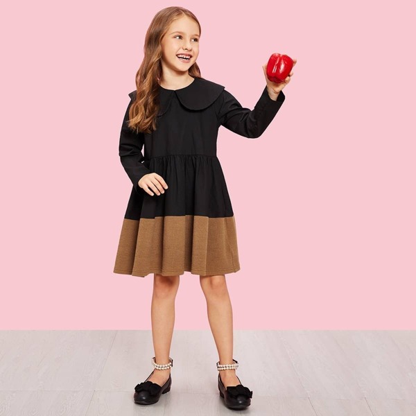 

Girls Peter-Pan-Collar Contrast Hem Dress, Multicolor