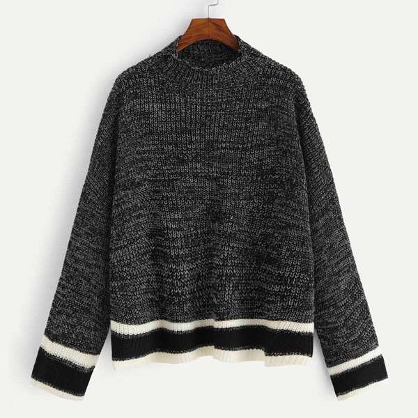 

Striped Cuff and Hem Marled Sweater