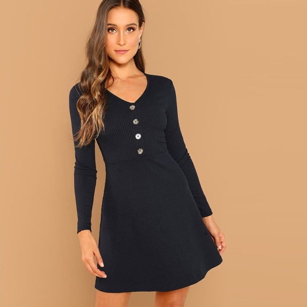 

Half Placket Rib Knit Tea Dress