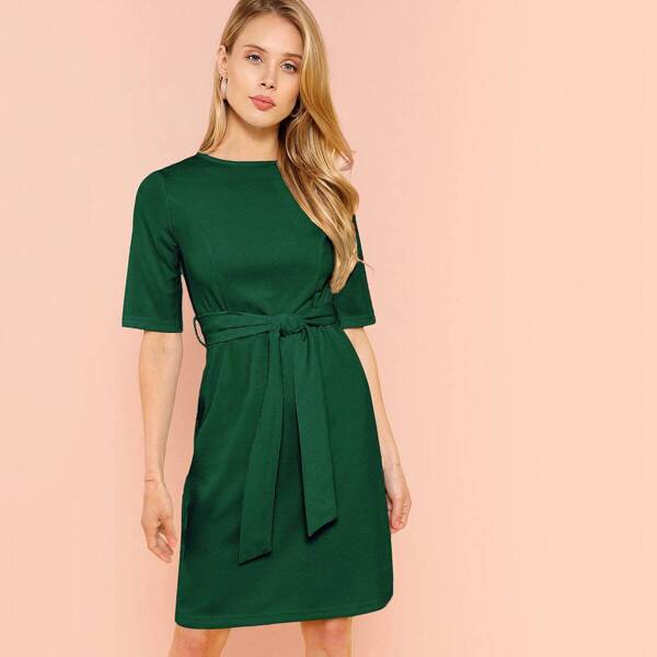 

Zip Back Self Belted Dress, Green