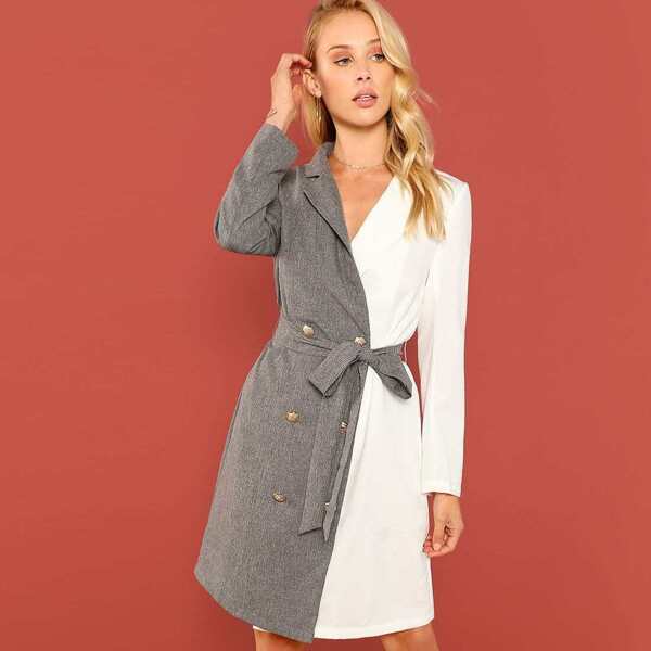 

Spliced Belted Blazer Dress, Multicolor