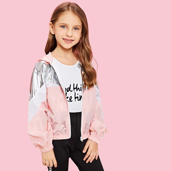 

Girls Color Block Windbreaker Hooded Jacket, Multicolor