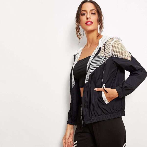 

Two Tone Mesh Panel Hooded Jacket