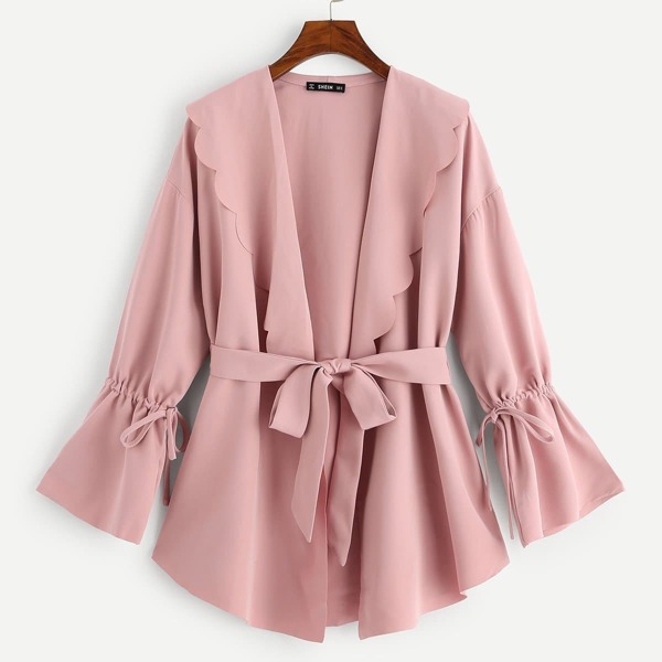 

Scallop Trim Knot Bell Sleeve Coat, Pink