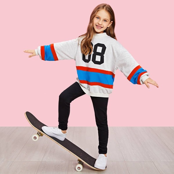 

Girls Mock Neck Letter and Striped Sweatshirt, Grey