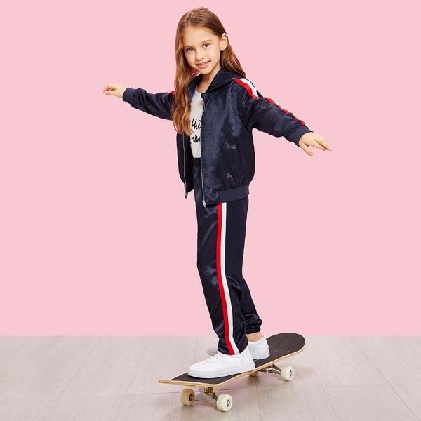 

Girls Zip Up Satin Hooded Jacket & Pants Set, Navy