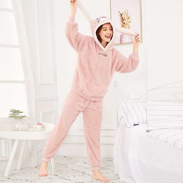 

Rabbit Pattern Plush Hooded Pajama Set, Pink
