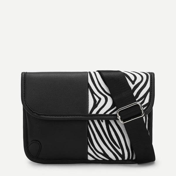 

Zebra Pattern Flap Fanny Pack, Black