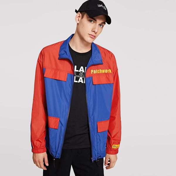 

Men Zip & Pocket Front Color Block Collar Jacket, Multicolor