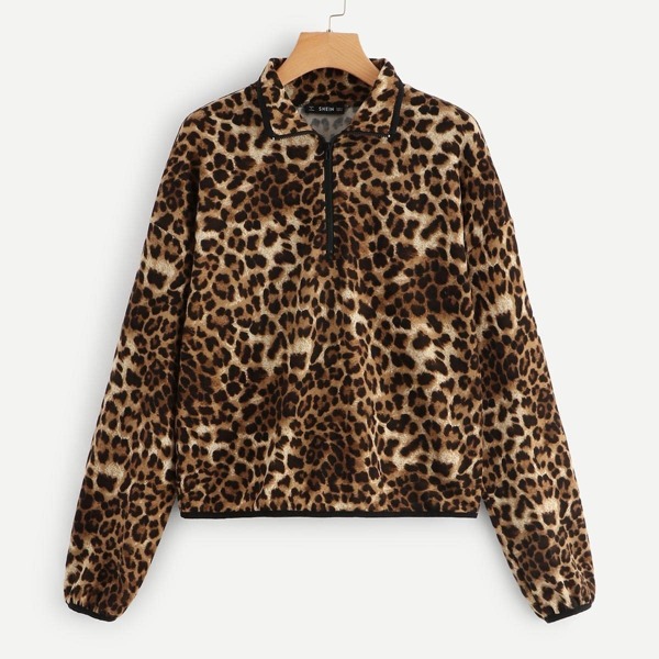

Zip Front Leopard Pint Collar Pullover