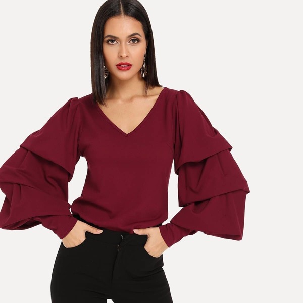 

Layered Sleeve V-Neck Solid Tee