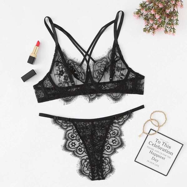 

Criss Cross Eyelash Lace Lingerie Set