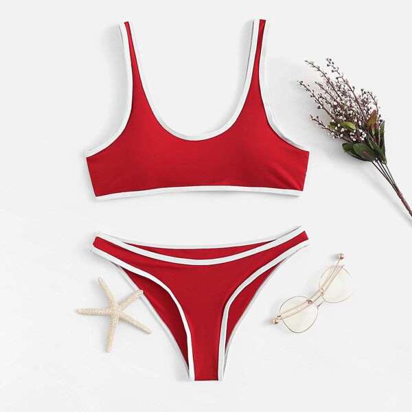 

Contrast Trim Top With High Leg Bikini Set