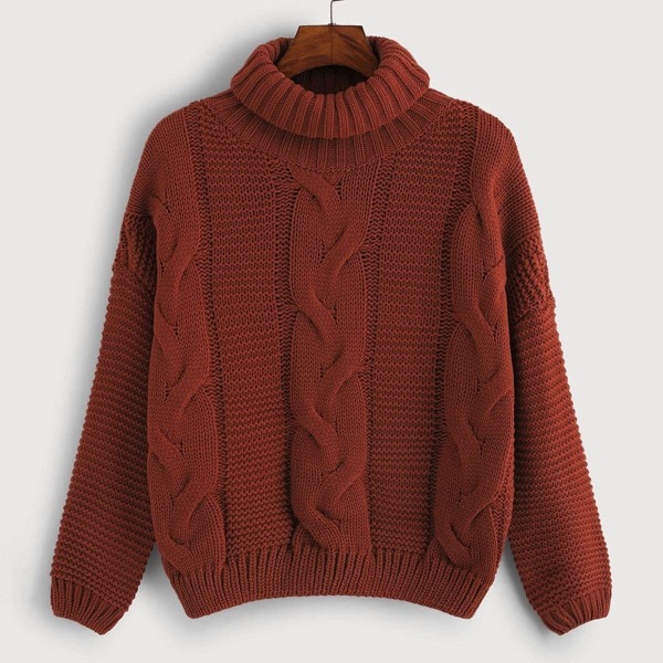 

High-Neck Cable Knit Sweater, Burgundy
