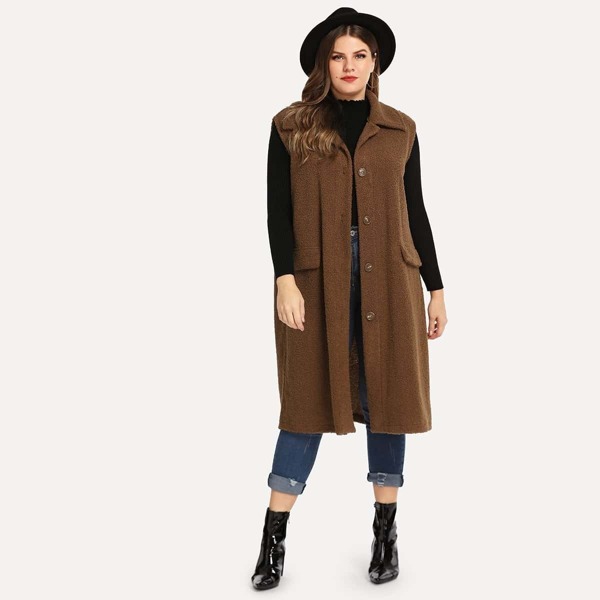 

Plus Solid Single-Breasted Teddy Vest