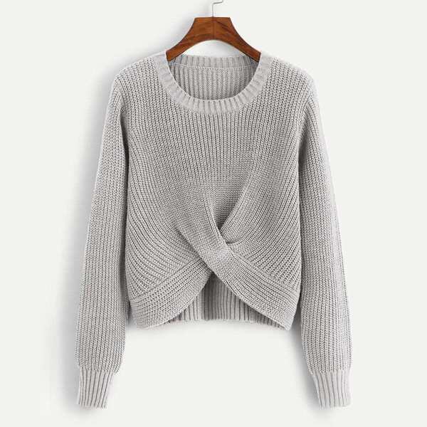 

Twist Hem Solid Sweater, Grey