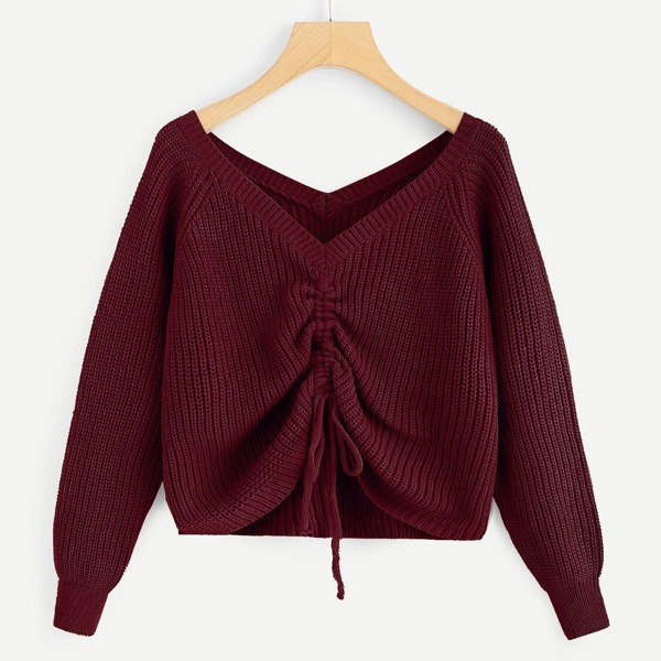 

Drawstring Detail Solid Sweater, Burgundy