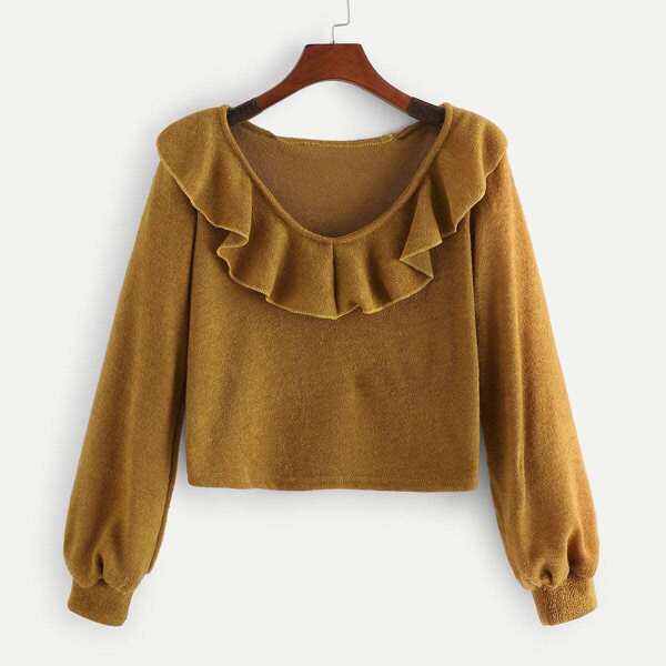 

Ruffle Decoration V-Neck Solid Sweater