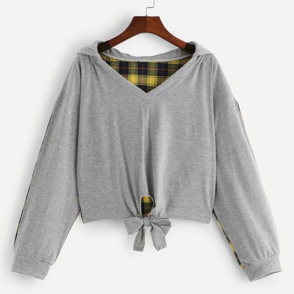 

Knot Hem Contrast Plaid Hooded Sweatshirt