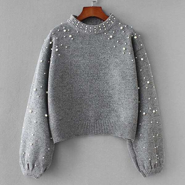 

Faux Pearl Drop Shoulder Sweater, Grey