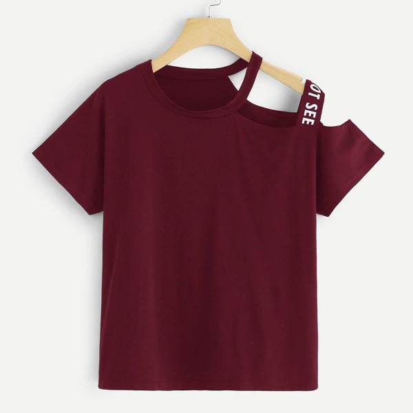 

Asymmetrical Neck Letter Taped Tee