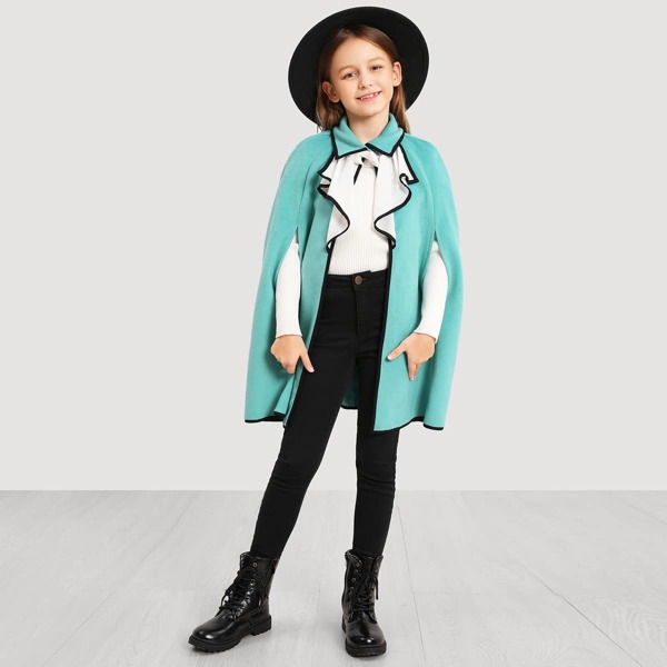 

Girls Contrast Binding Ruffle Trim Cape Coat