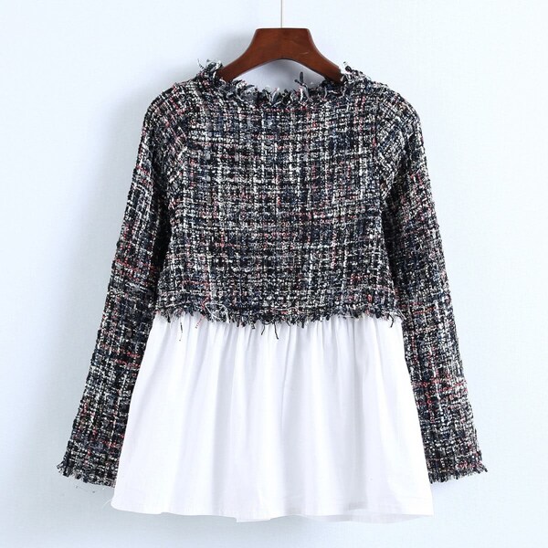 

Raw Hem Tweed Spliced Smock Top, Multicolor