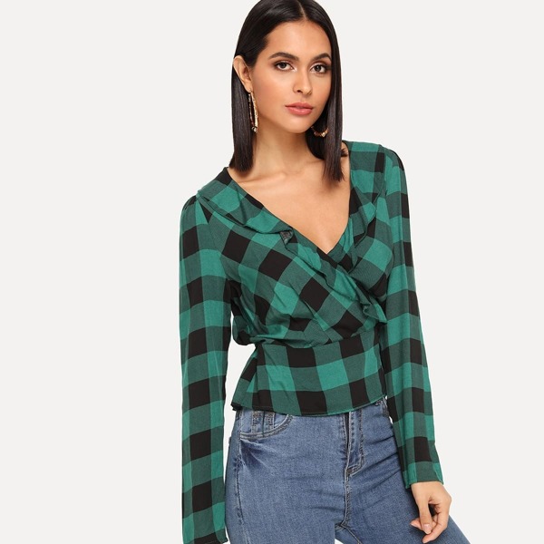 

Flounce Trim Plaid Wrap Blouse