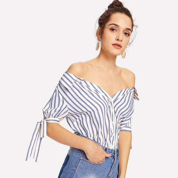 

Knot Cuff Button Up Striped Bardot Top, Multicolor