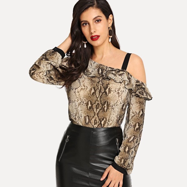 Asymmetrical Shoulder Ruffle Snake Print Blouse