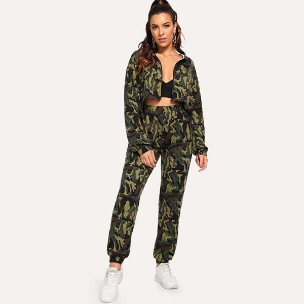 

Camo Print Zip Up Utility Hoodie & Pants Set