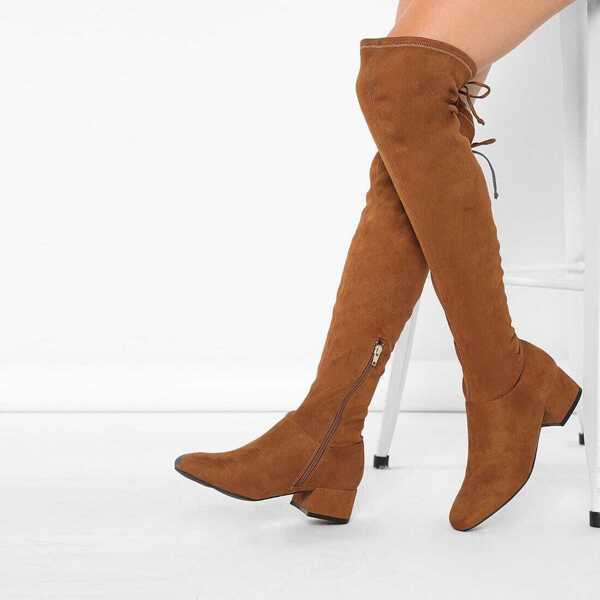 

Square Toe Low Block Heel Over the Knee Boots, Brown