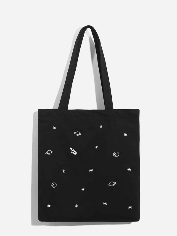 

Galaxy Embroidery Canvas Tote Bag, Black