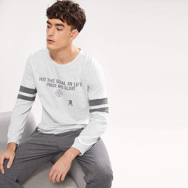 

Men Letter Print Striped Sleeve Pajama Set