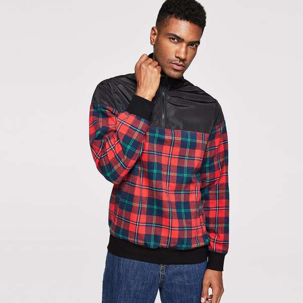 

Men Half Placket Mixed Media Pullover Jacket