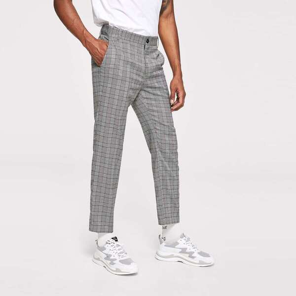 

Men Slant Pocket Plaid Dress Pants, Grey