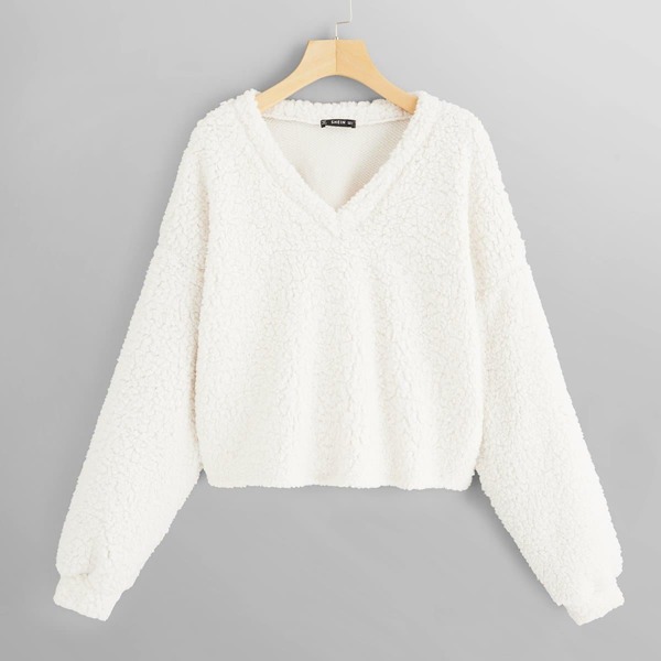 

V-Neck Teddy Pullover, White