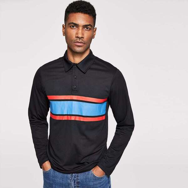 

Men Button Front Color Block Polo Shirt