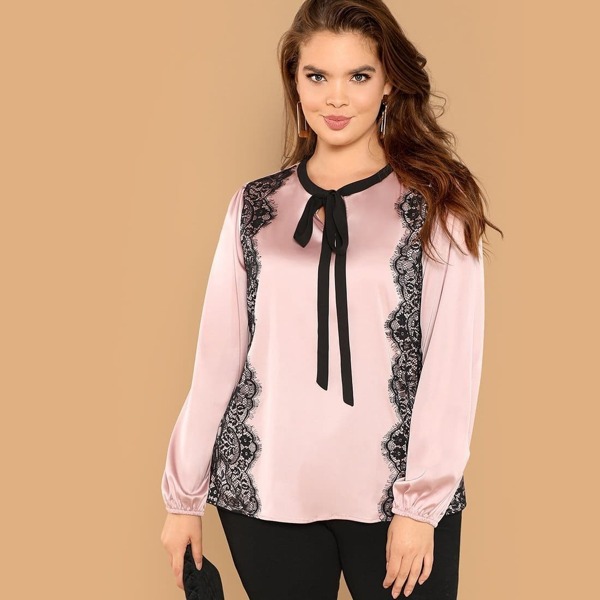 

Plus Tie Neck Lace Trim Top