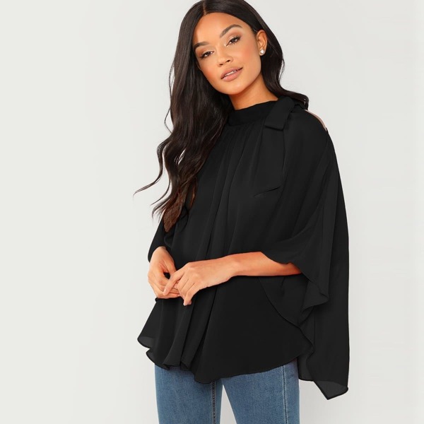 

Tied Cold Shoulder Chiffon Poncho Top