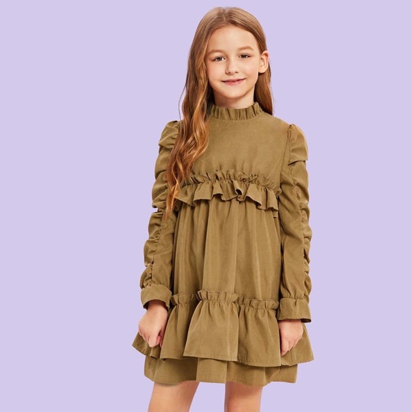 

Girls Ruffle Trim Mock Neck Dress, Brown