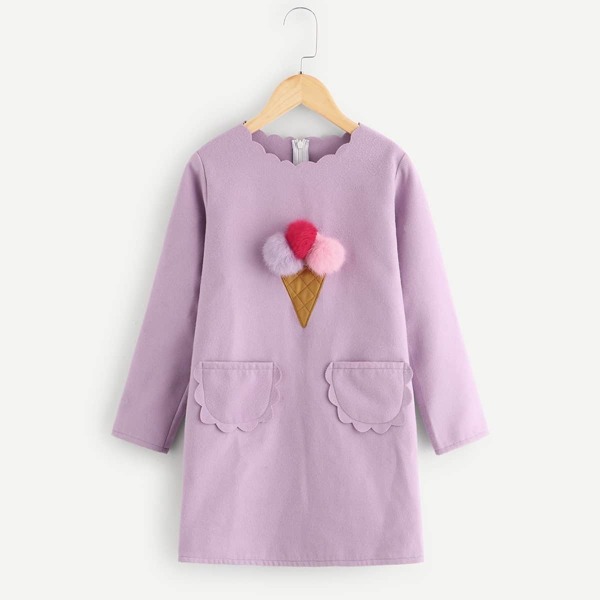 

Girls Scallop Trim Pom Pom Detail Dress, Purple