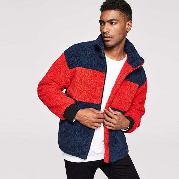 

Men Color Block Teddy Jacket, Multicolor