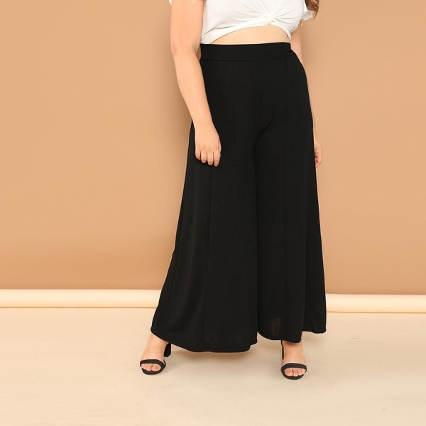 

Plus Solid Wide Leg Pants, Black