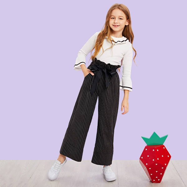 

Girls Vertical Striped Belted Pants, Black