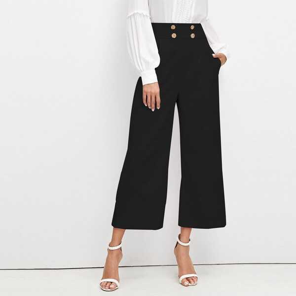 

Double Breasted Embellished Slant Pocket Pants, Black