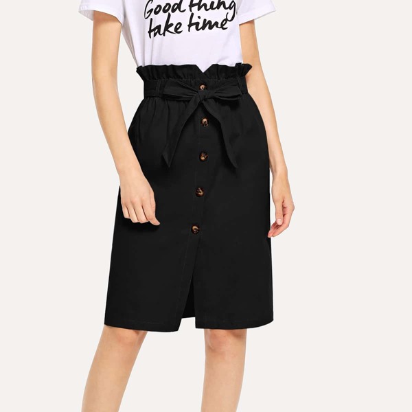 

Waist Belted Button Ruffle Split Skirt