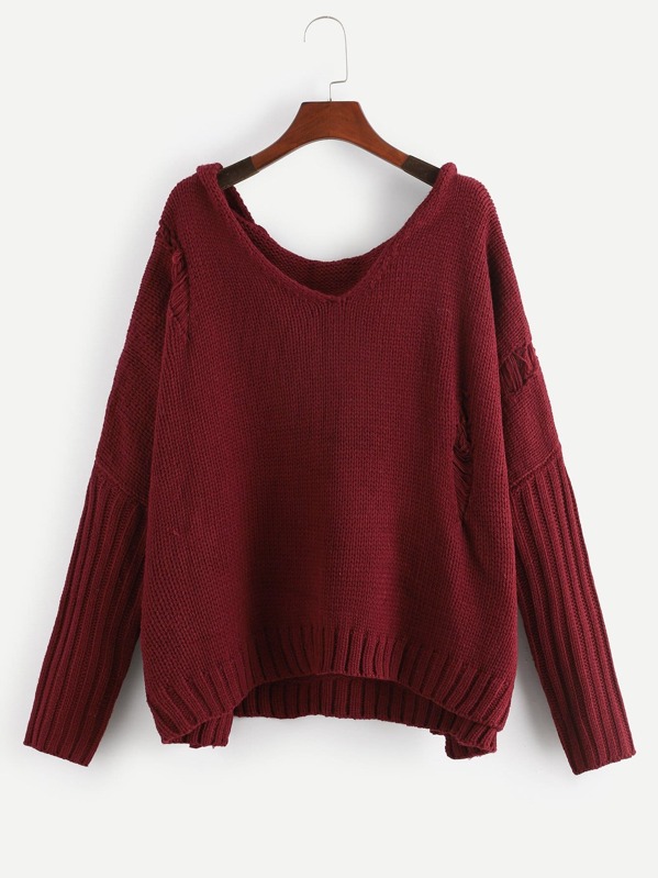 

Plus Drop Shoulder Ripped Hoodie Sweater, Burgundy